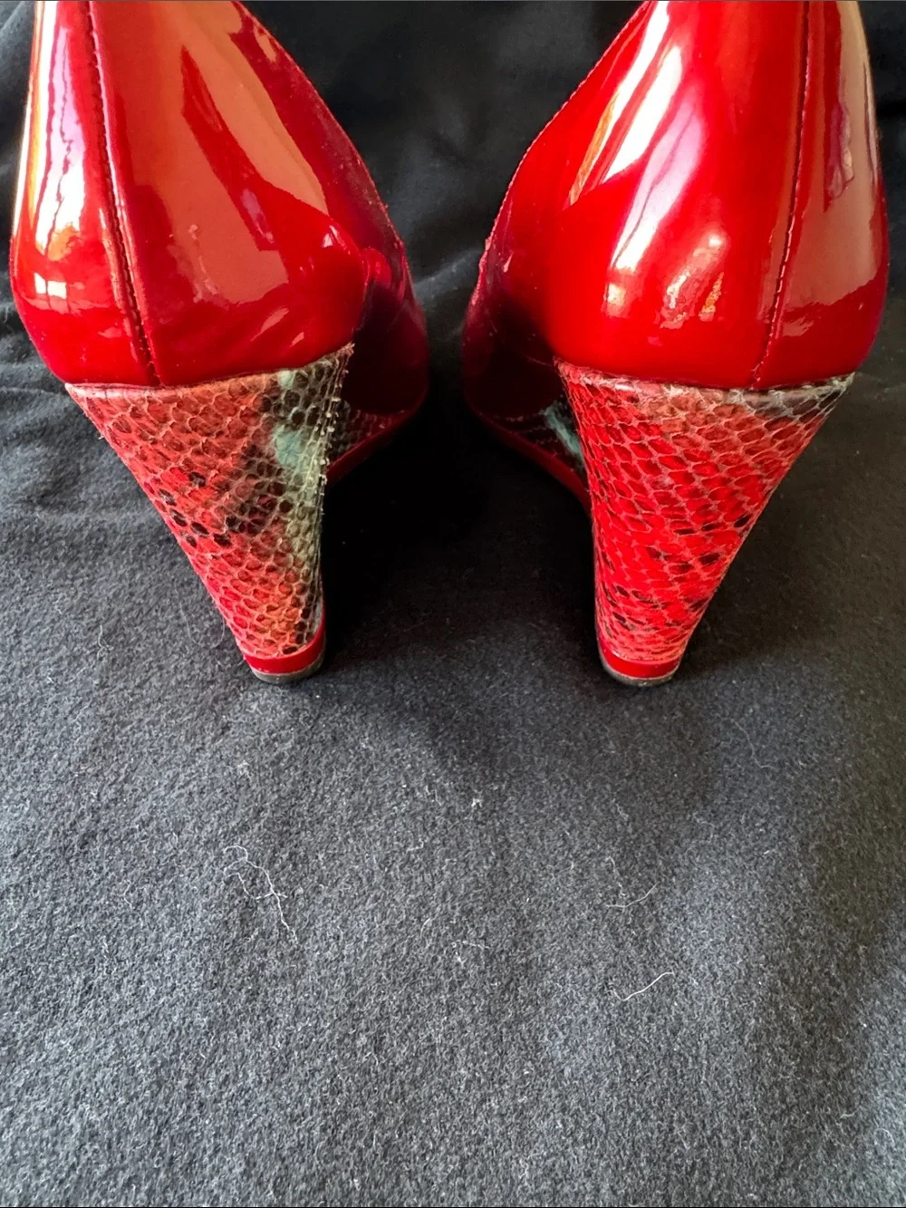 Donald J. Pliner Red Patent Peep-Toe Wedge Pumps with Textured Heel